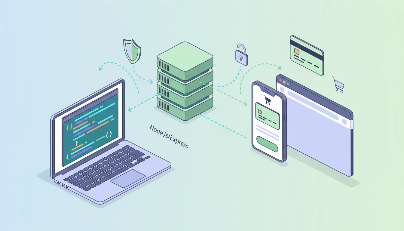 Vector illustration showing a developer laptop and backend server connected via arrows to a mobile and browser checkout UI with a credit card and padlock, representing integrating Stripe Checkout with Node.js (Express + EJS).