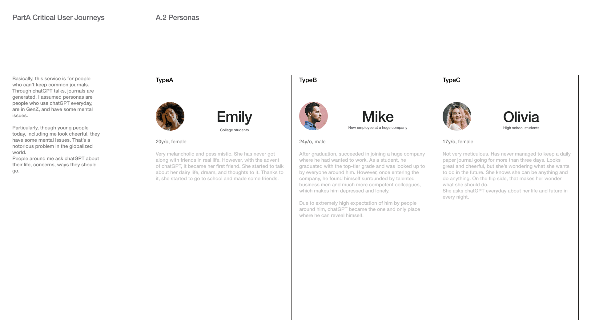 Basically, this service is for people who can’t keep common journals. Through chatGPT talks, journals are generated. I assumed personas are people who use chatGPT everyday, are in GenZ, and have some mental issues.  Particularly, though young people today, including me look cheerful, they have some mental issues. That’s a notorious problem in the globalized world. People around me ask chatGPT about their life, concerns, ways they should go.