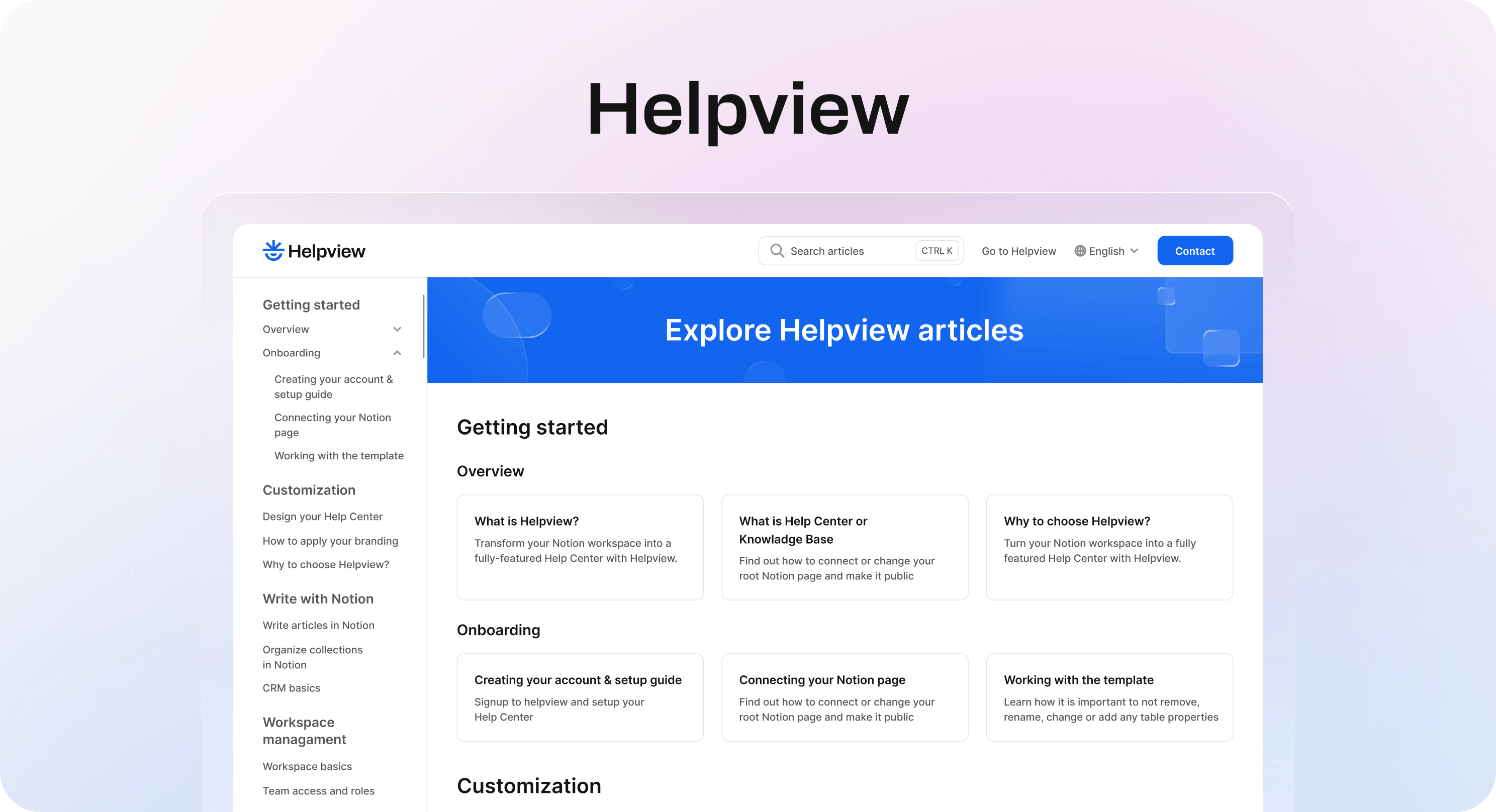 Helpview documentation homepage with sidebar navigation, search bar, article cards, and a branded help center layout.