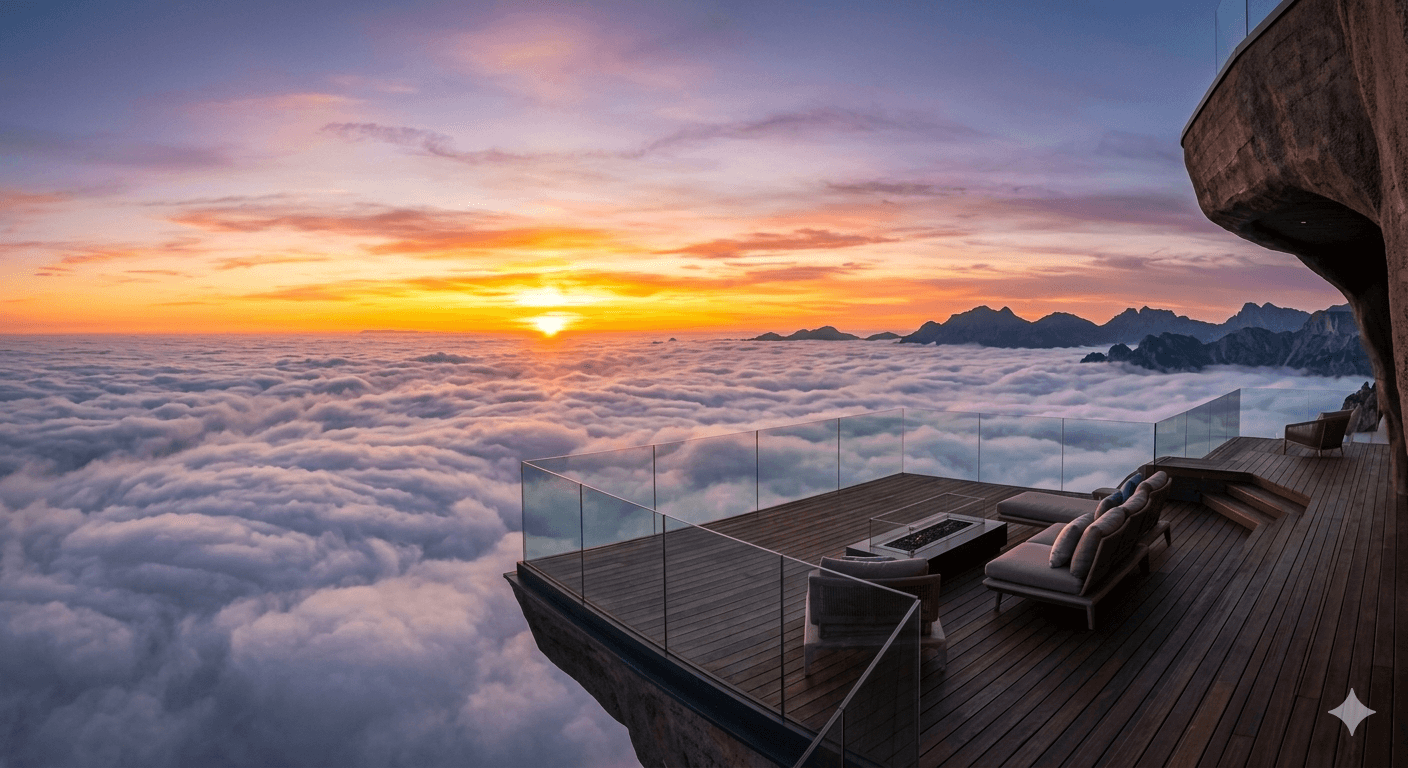 Luxury rooftop observatory deck in Sector 79B Gurugram with sunset views over the Aravalli hills