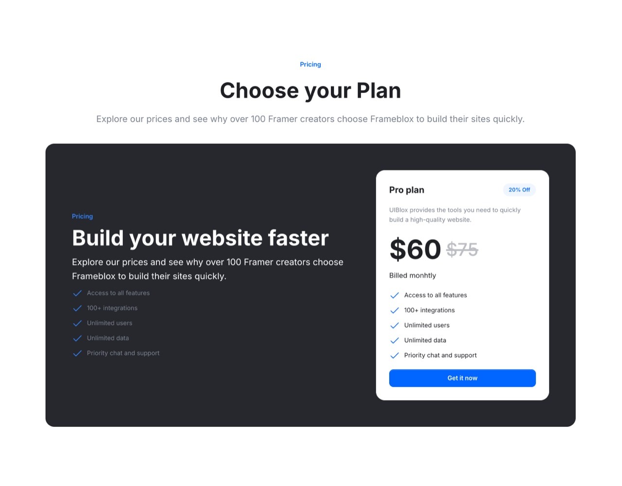 Framer Pricing Section - Frameblox UI
