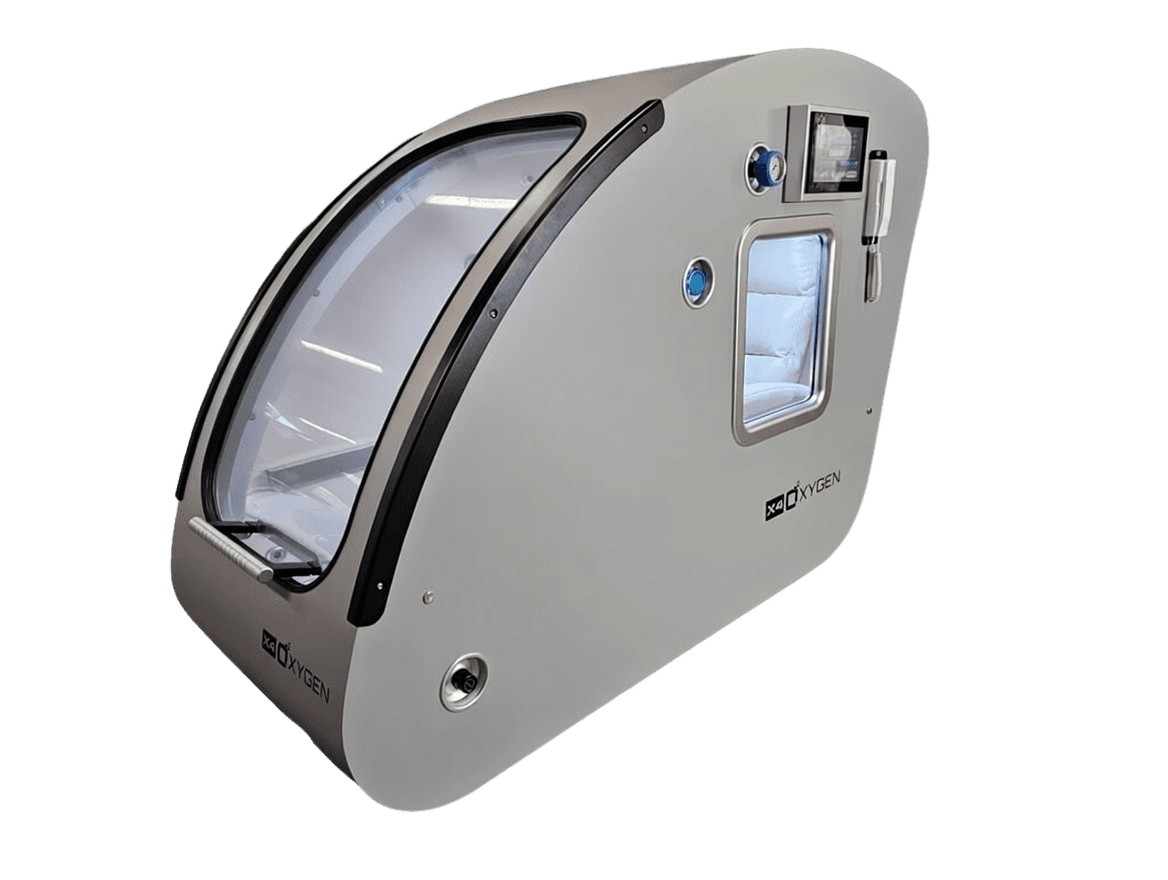 Hyperbaric oxygen chamber with control panel and transparent door. Model H130-20G2 from X4Oxygen