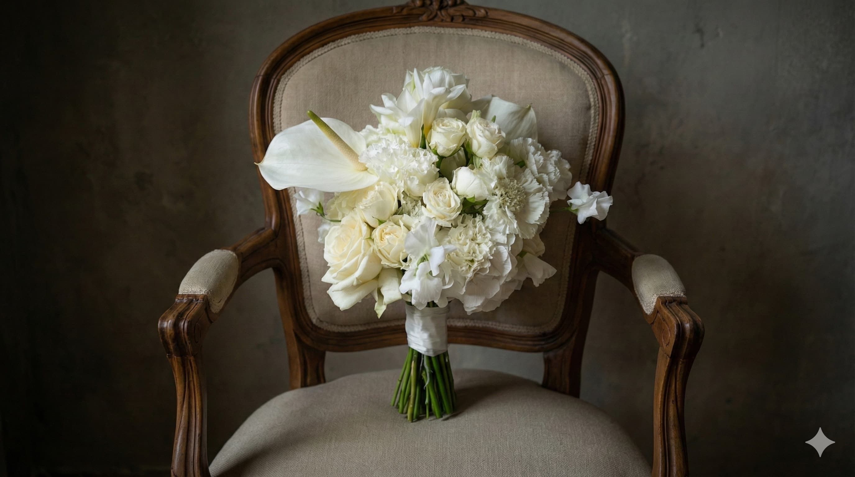 Eleganter weißer Brautstrauß liegend auf einem antiken Polstersessel – exklusives Hochzeits-Blumendesign