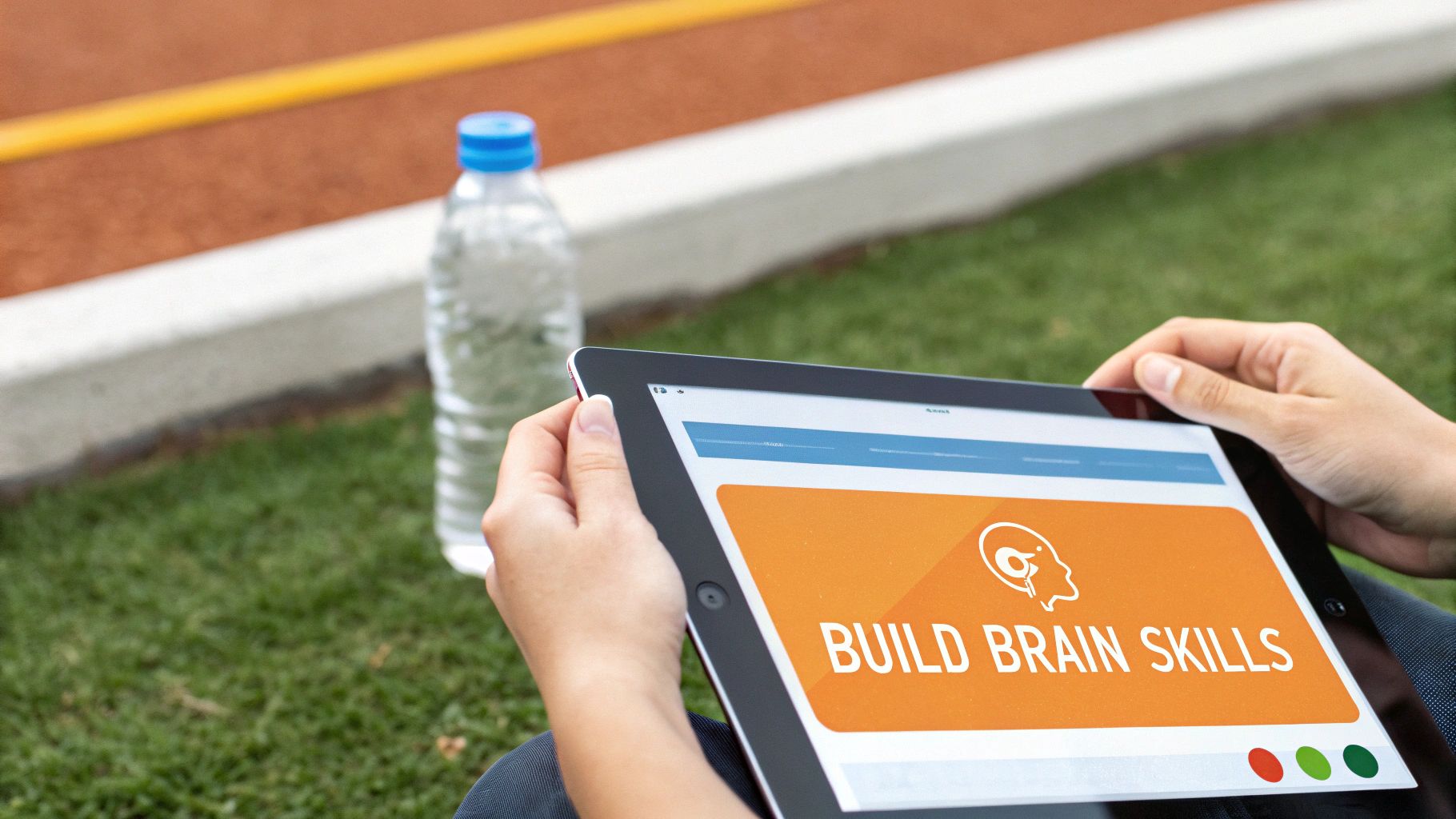 A person holds a tablet displaying 'BUILD BRAIN SKILLS' with a brain icon, sitting on green grass.