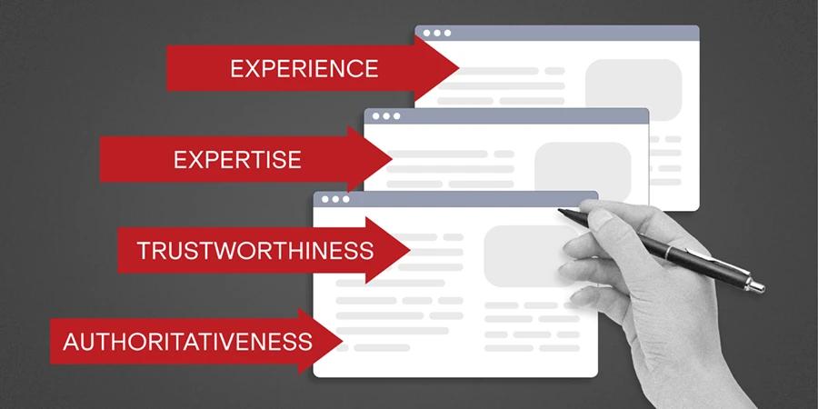graphic showing arrows with EEAT (Experience, Expertise, Trustworthiness, and Authoritativeness) pointing to web browsers.