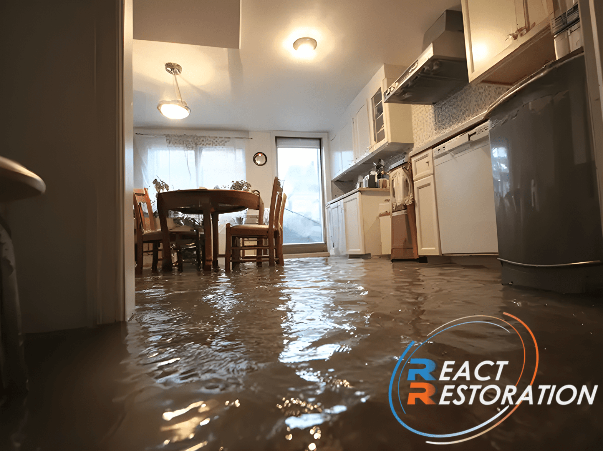 Flooded kitchen with water covering the floor, reflecting the ceiling lights. A dining table and chairs are partially submerged. React Restoration logo visible.