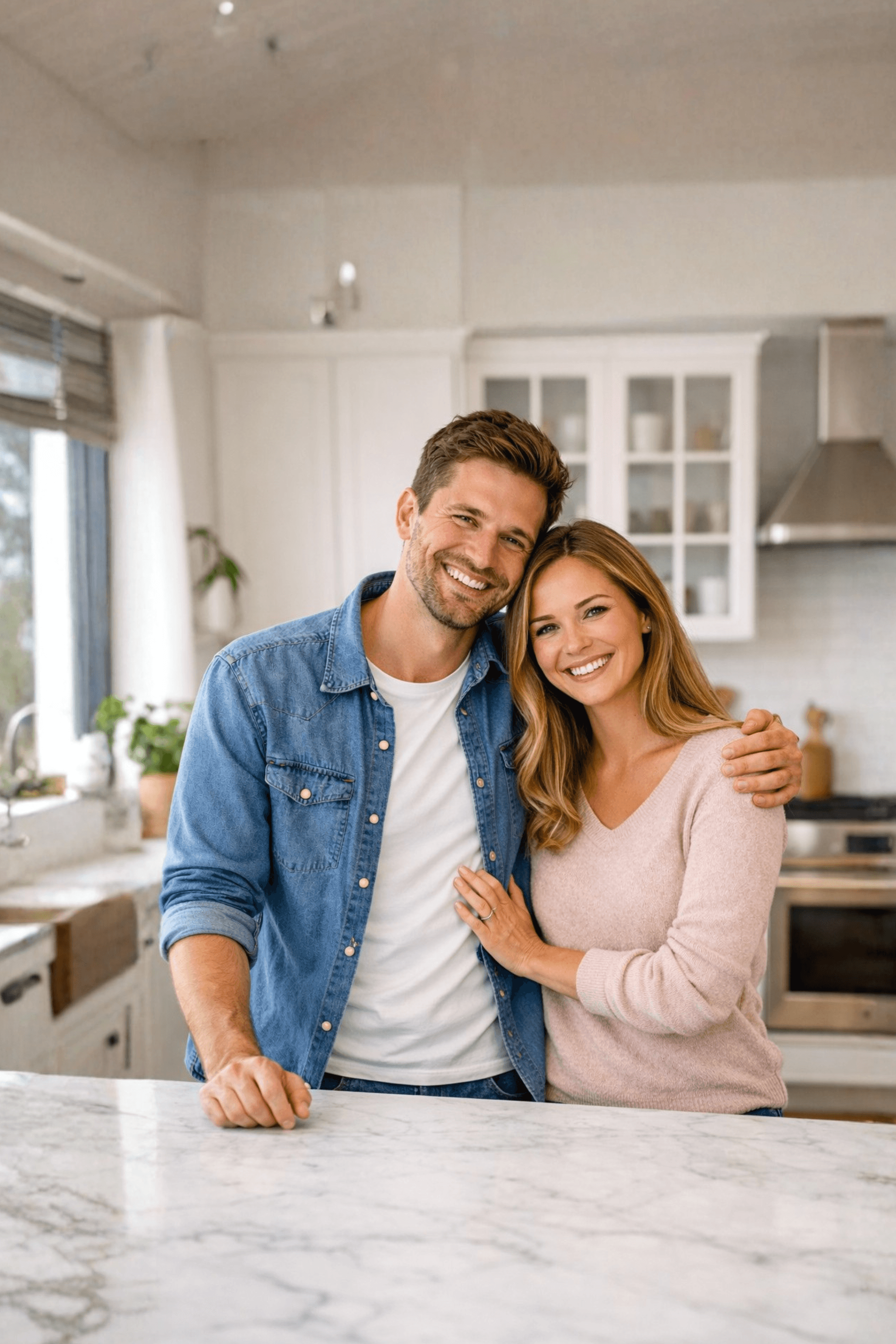 Glückliches Paar umarmt sich in der Küche ihres Eigenheims hinter einer Kücheninsel – Symbolbild für Wohneigentum und erfolgreiche Baufinanzierung in Deutschland.