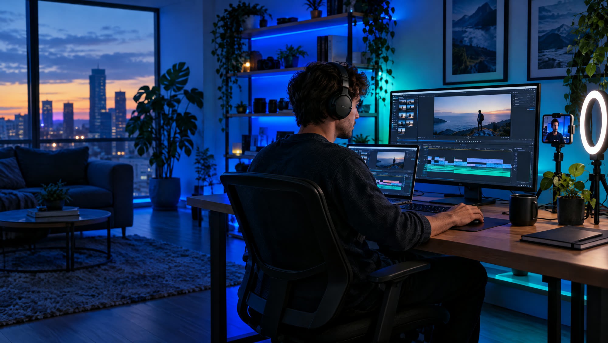 Creator schneidet ein Video in seinem Home-Studio