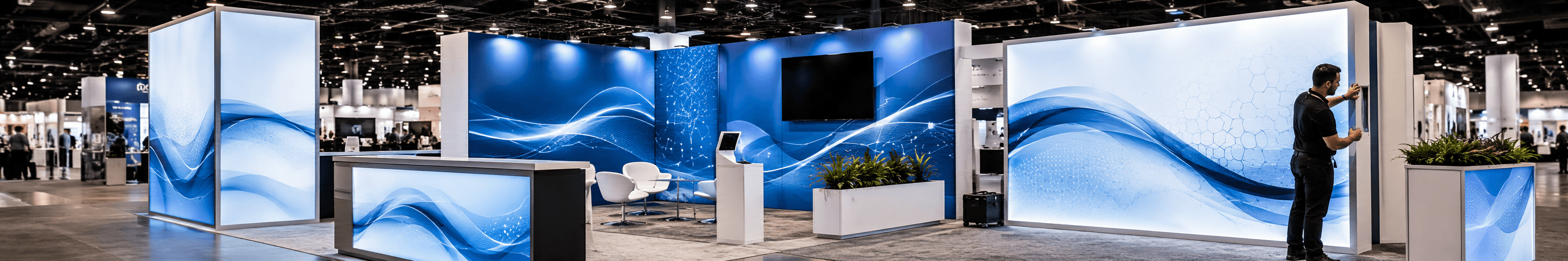 Trade show booth graphics showing backwalls, SEG panels, lightboxes, counters, and product messaging for Las Vegas exhibitors with production and installation alignment
