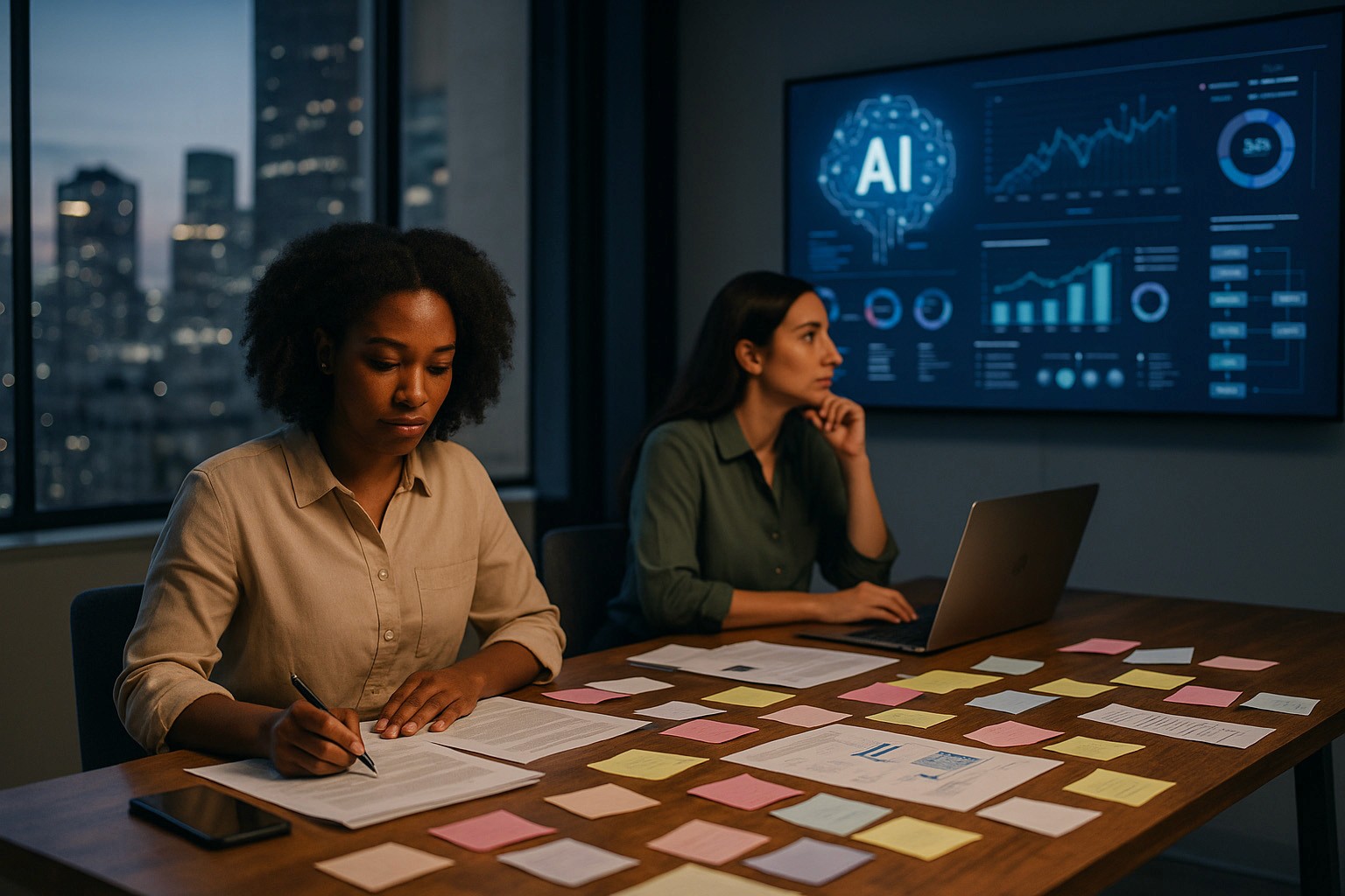 two women in an office, with a screen in the background showing AI