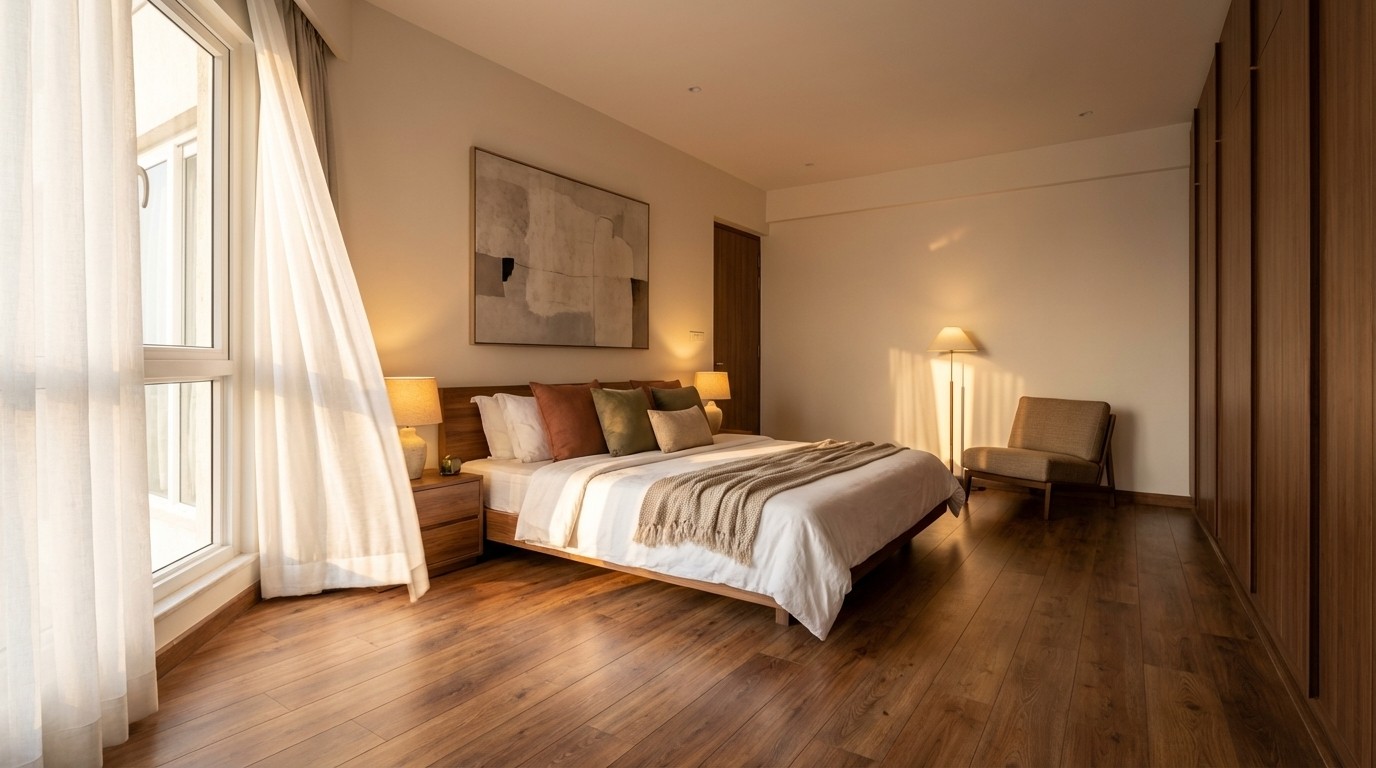 Double-height living room with lake view at Prestige Vaishnaoi Rainbow Waters duplex apartment, Gachibowli Hyderabad, featuring marble flooring and floor-to-ceiling glazing