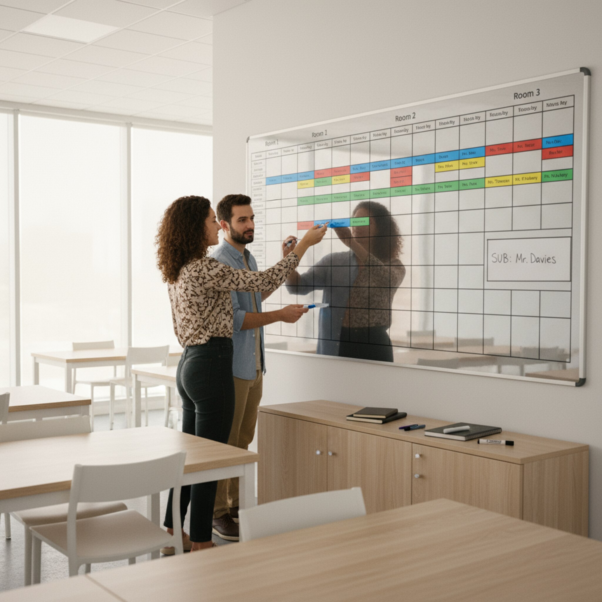 Ein großer Raumplan auf einem Magnetboard zeigt Räume, Zeiten und Tutorennamen. Jemand schiebt einen Magnetstreifen von Mathe zu Physik, während ein Kollege eine Vertretung ergänzt. Zwischen den Reihen stehen saubere Tische und Stühle. Alles deutet auf einen geordneten Ablauf und gute Raumnutzung hin.