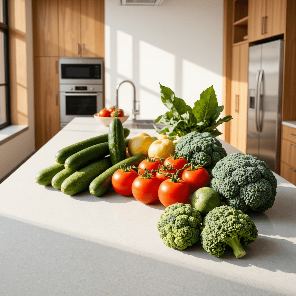 product photography of kitchen products and fresh vegetables