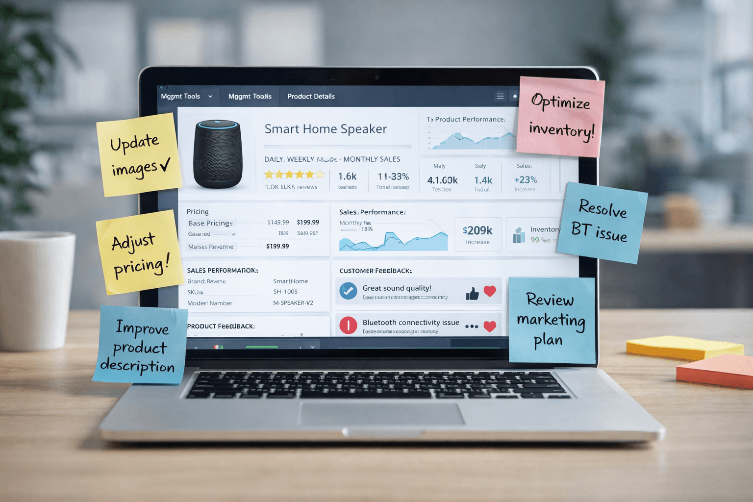  laptop showing a product UI with annotations or sticky notes around it