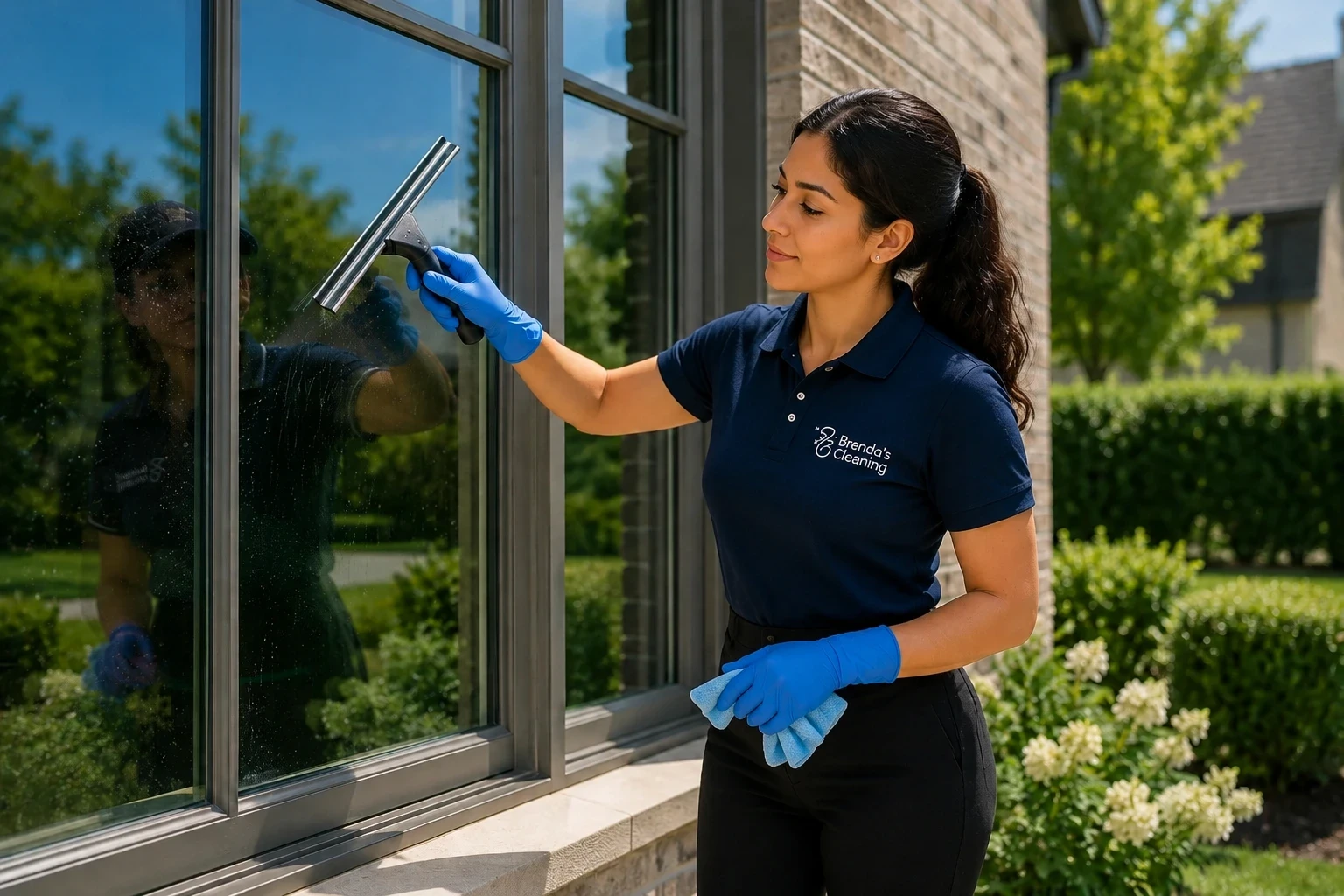 A professional window cleaning technician with Brenda's Cleaning service using a squeegee to clean a large exterior house window. She is holding a blue microfiber cloth in her other hand and wearing a branded navy uniform polo, matching cap, black apron, and blue safety gloves. The scene demonstrates professional residential window washing services on a bright day outside a brick home with landscaped green bushes and hydrangeas.