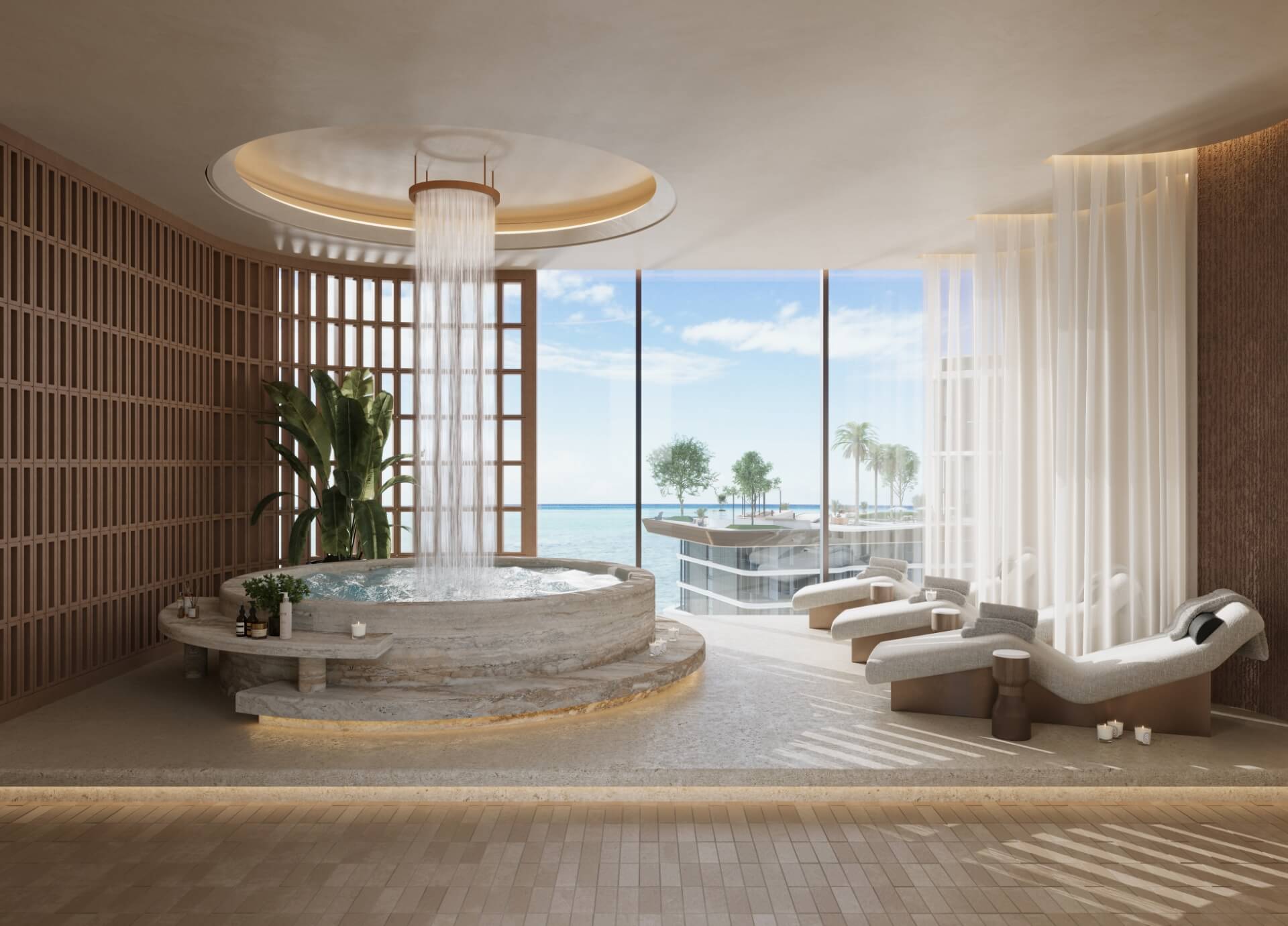 A modern bathroom featuring a sleek glass shower stall, designed with a contemporary aesthetic at Costa Mare.