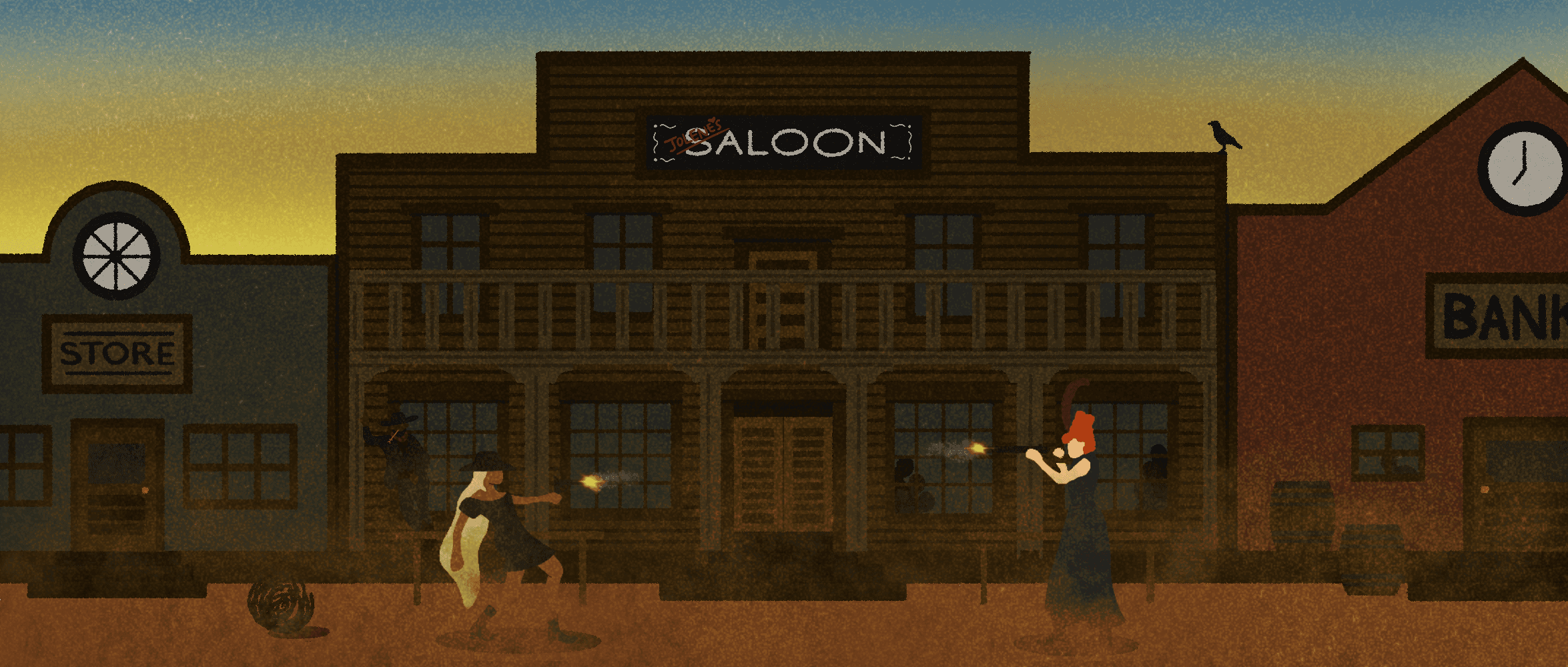 Illustration of two rival women participating in a quickdraw duel outside an Old West saloon.