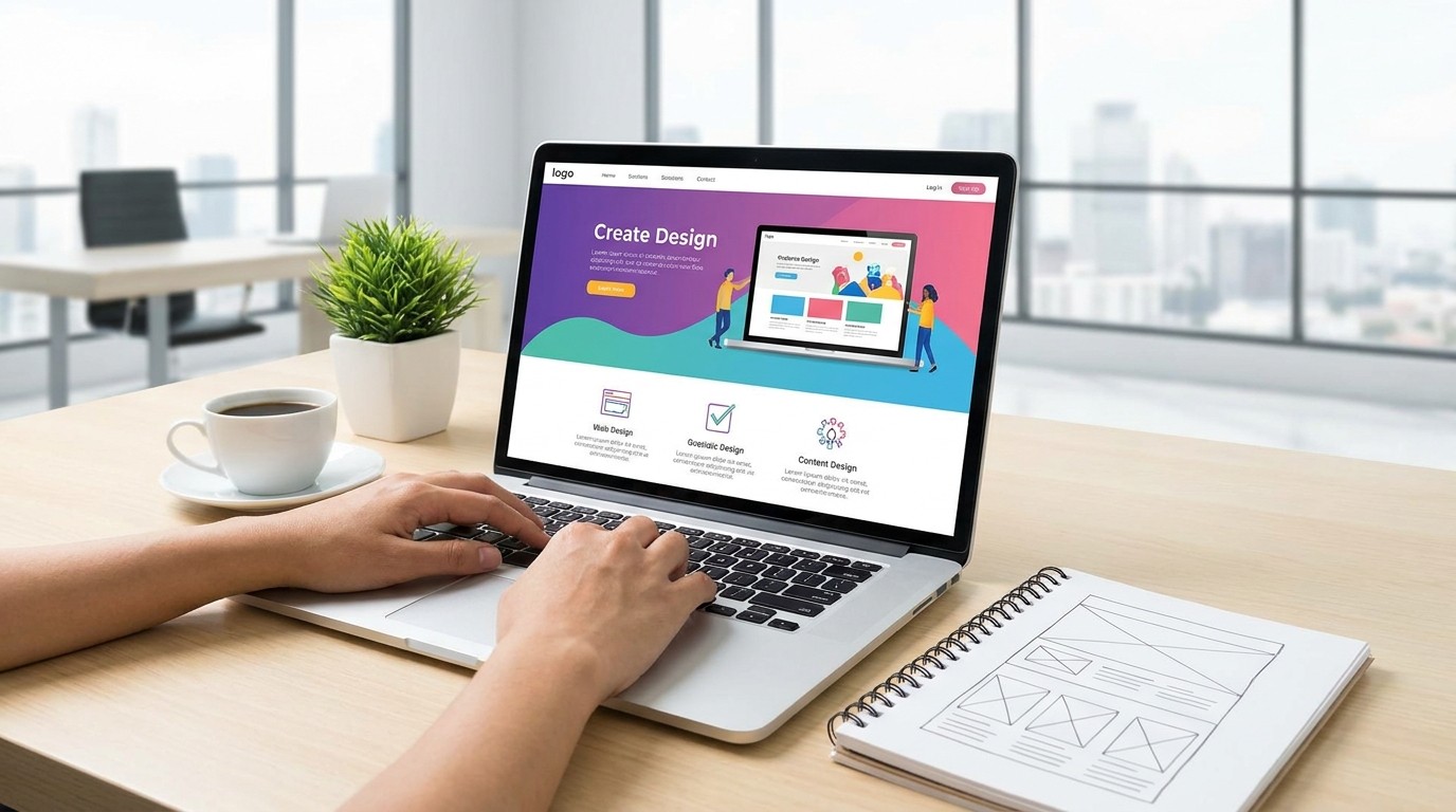 Modern workspace with website design displayed on laptop screen representing website conversion and digital strategy.