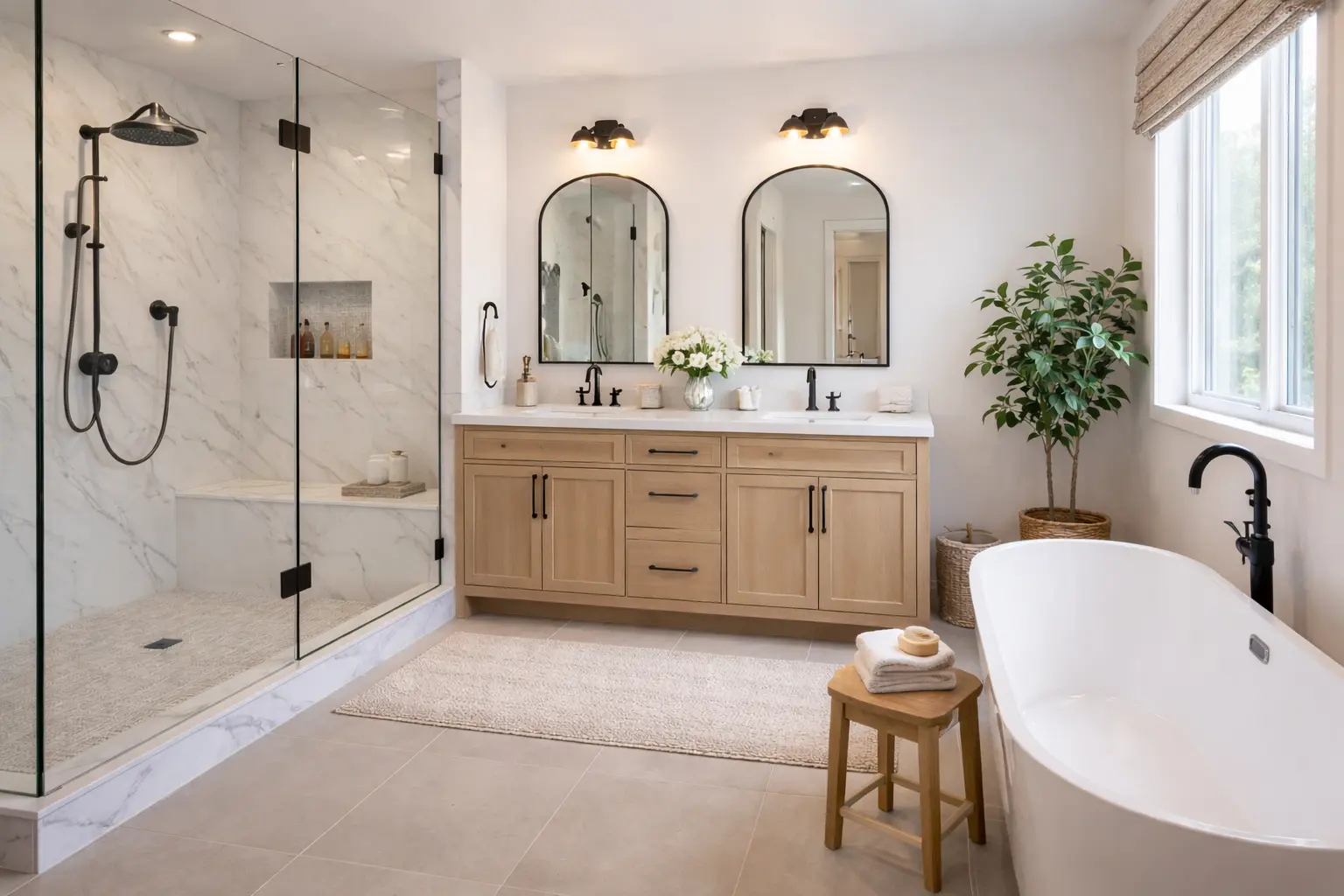 Salle de bain moderne avec double vasque en bois, douche à l'italienne en marbre et baignoire îlot.