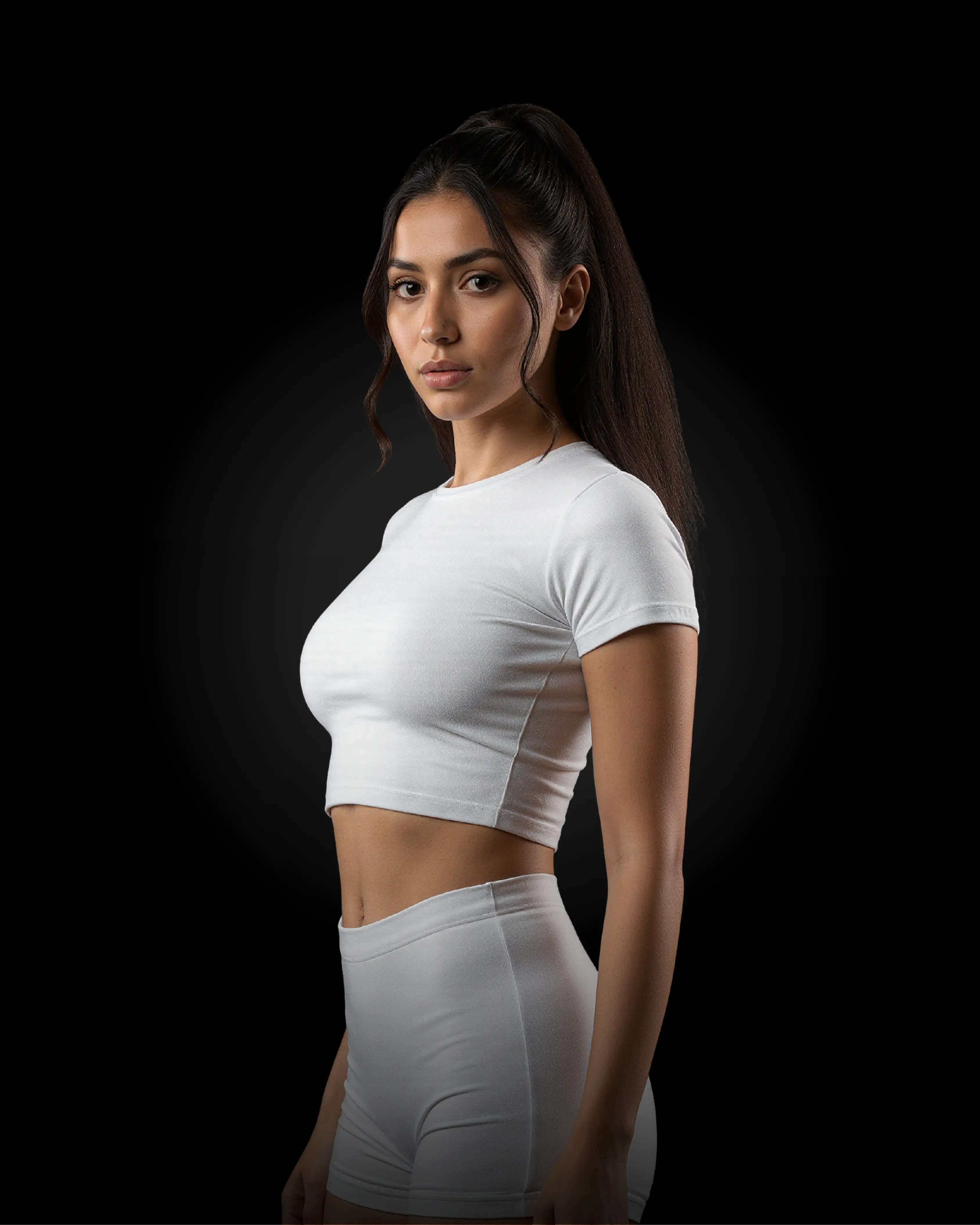 A woman in a white crop top and shorts poses for a portrait. She has long dark hair pulled back in a ponytail.