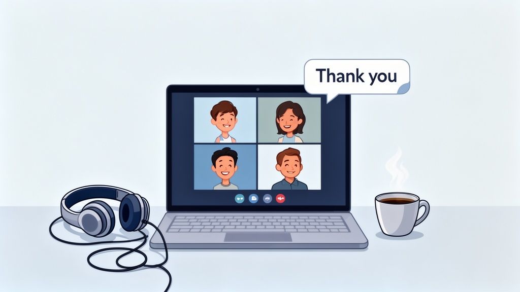 A laptop displaying an online video call with four smiling people. A speech bubble says 'Thank you,' with headphones and a coffee cup nearby.