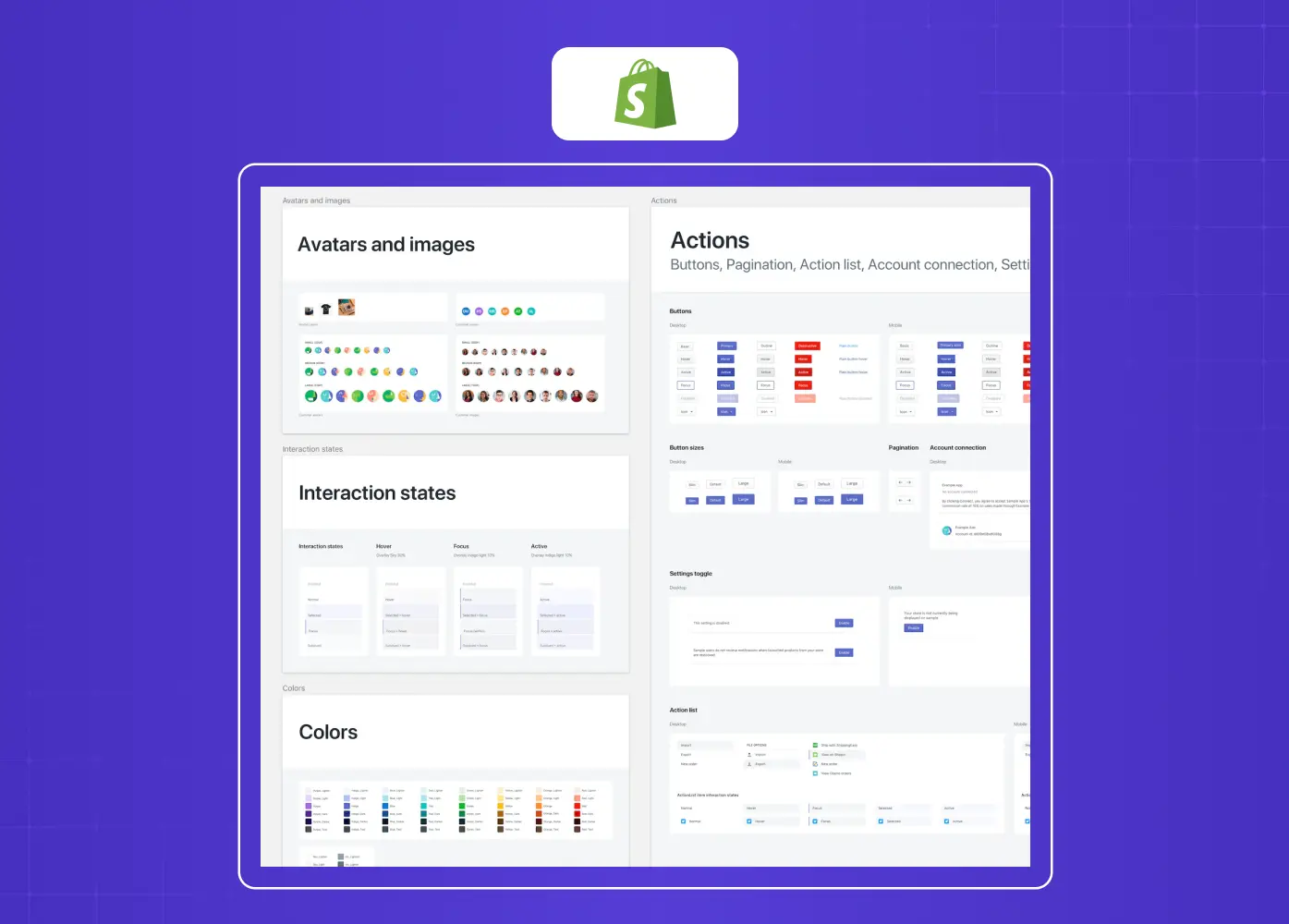 Screenshot of Shopify's Polaris Design System showcasing UI components, interaction states, colors, and design patterns.