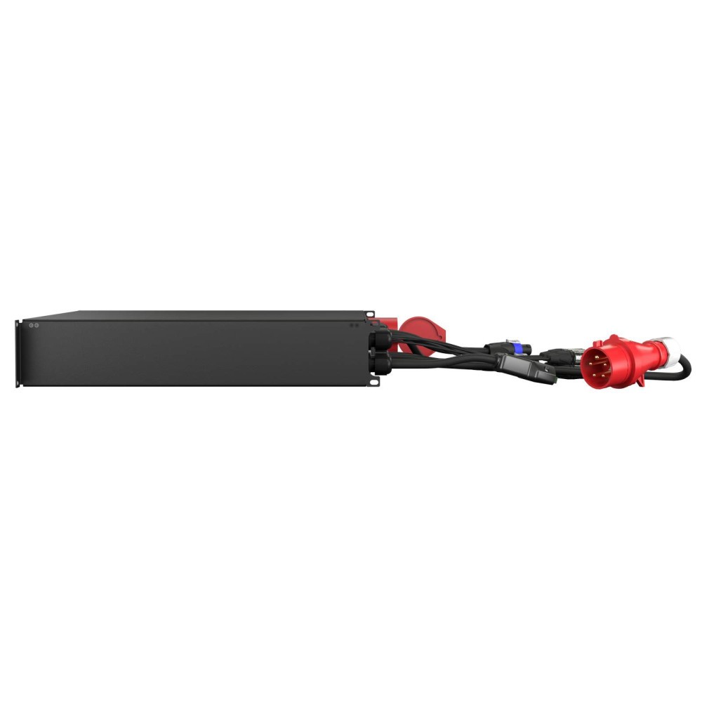 Black rack unit device with power cords and red plug