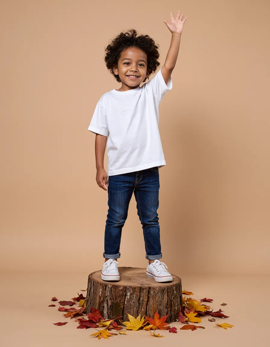 Child standing on wooden stump surrounded by colorful autumn leaves, wearing white t-shirt, blue jeans and white sneakers against beige backdrop.