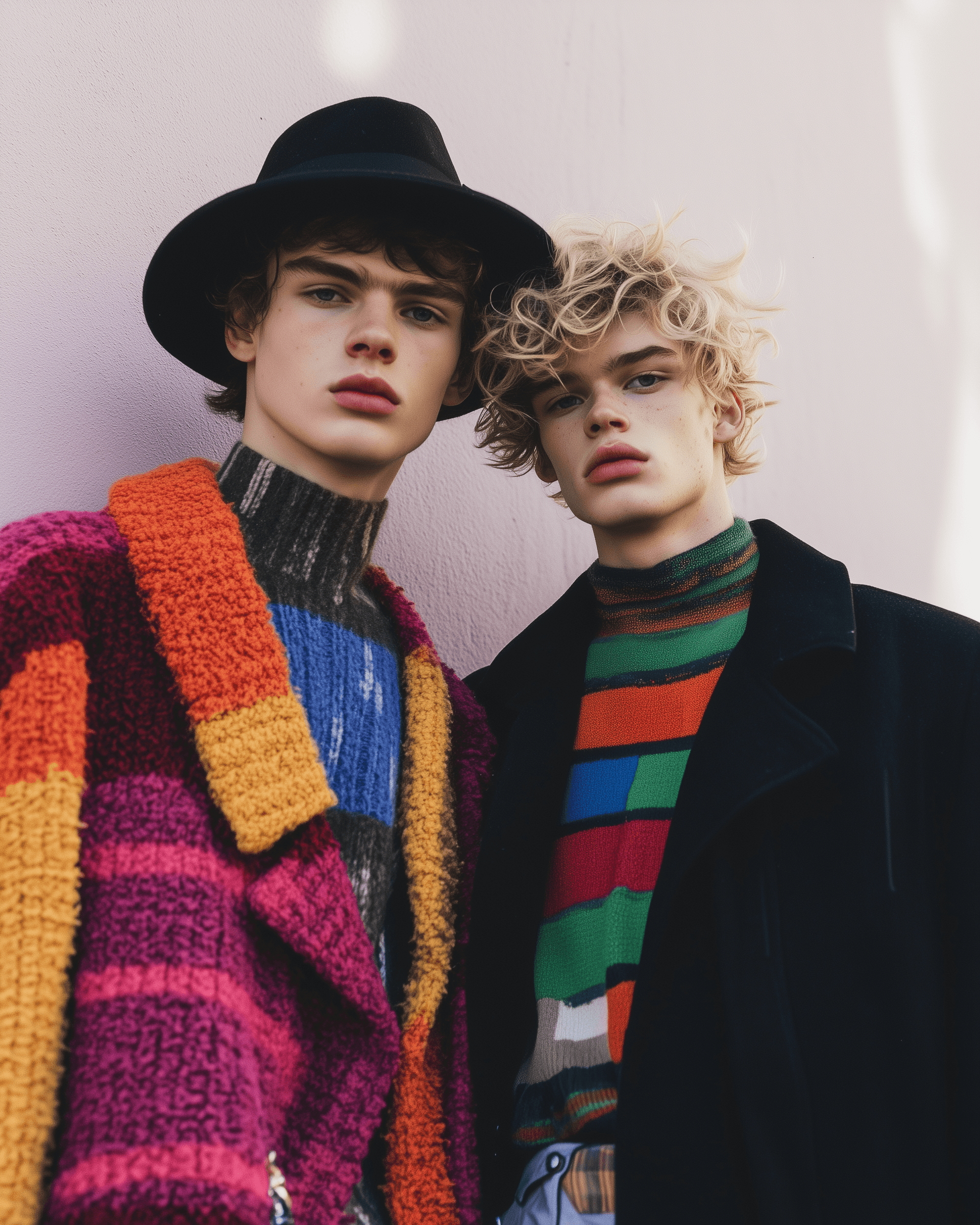 Two young men posing together in front of a pale pink wall, both wearing colorful knitted sweaters and a hat, showcasing a vibrant fashion look.