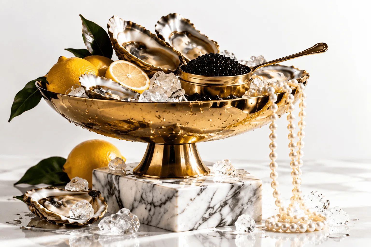 Gold pedestal bowl with oysters, caviar, lemons and pearls