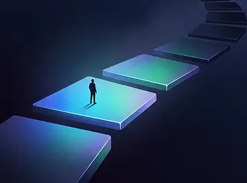 Person standing on glowing stepping stones