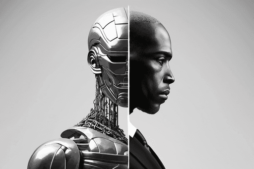 Digital artwork juxtaposing half of a human lawyer's profile in a suit with half of a humanoid robot's head, illustrating the comparison between AI lawyers and human lawyers