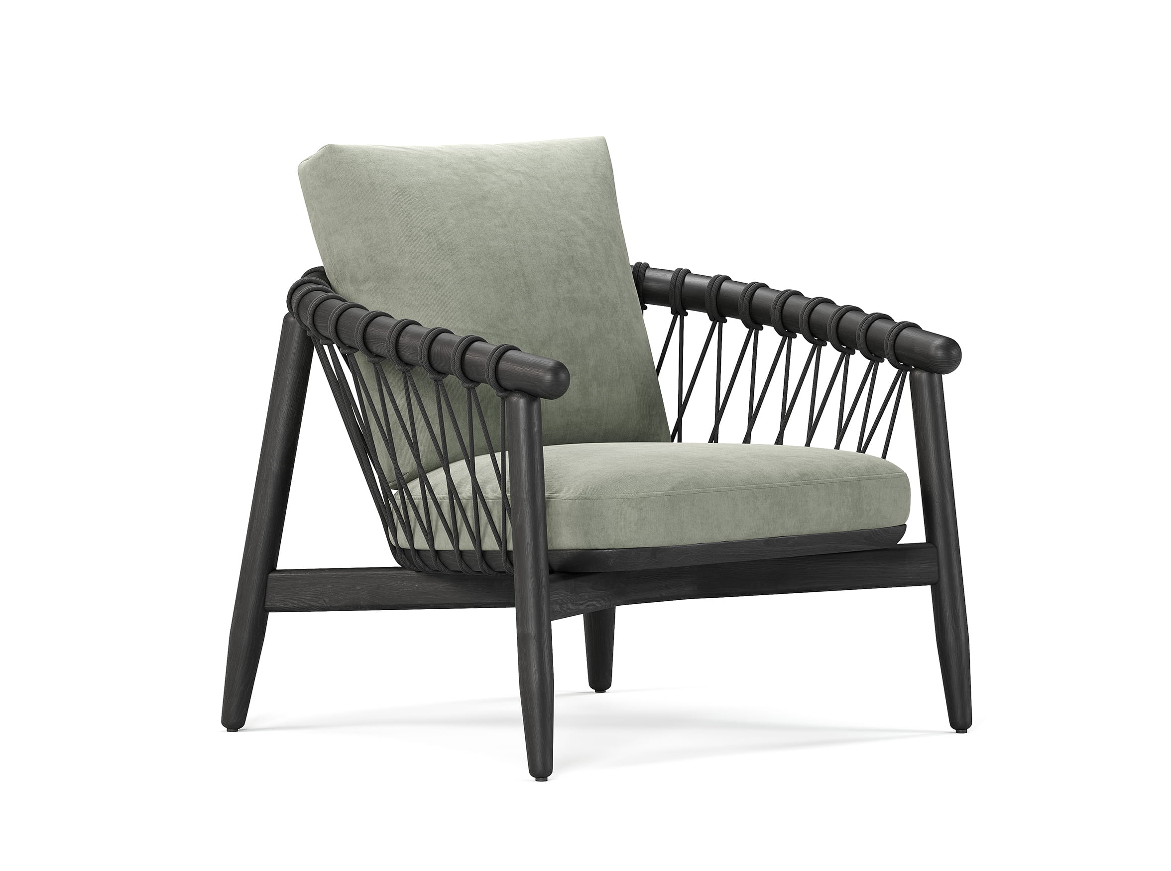 3D render of wooden armchair with woven sides and cushioned seat in modern style