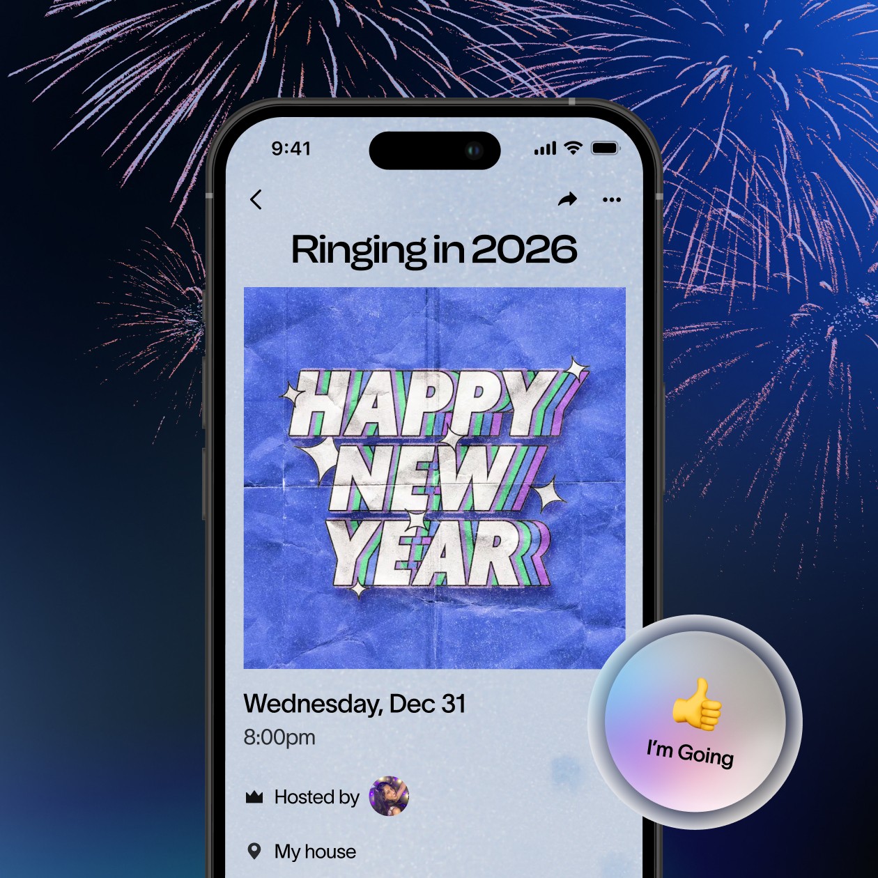 Close-up of a Partiful New Year’s Eve event invite displayed on a phone with colorful party lights in the background.