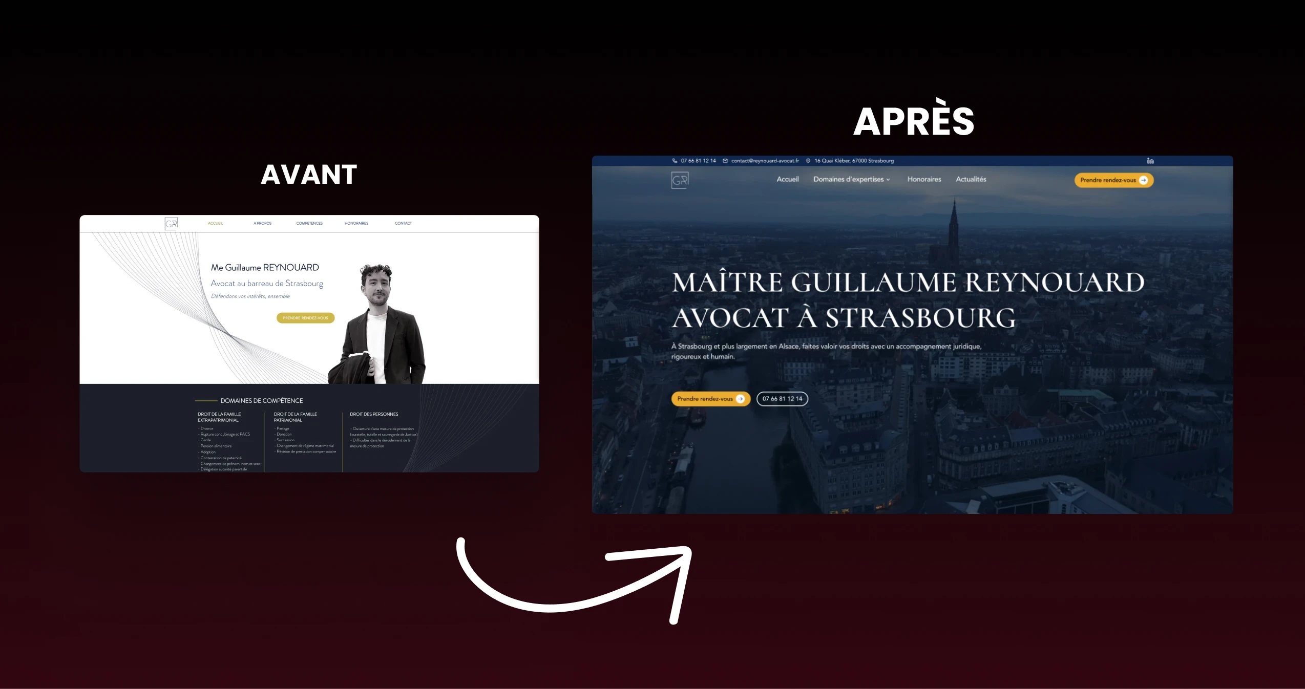 Comparaison avant et après la refonte : ancienne page d’accueil du cabinet et nouvelle hero section sur une vue aérienne de Strasbourg