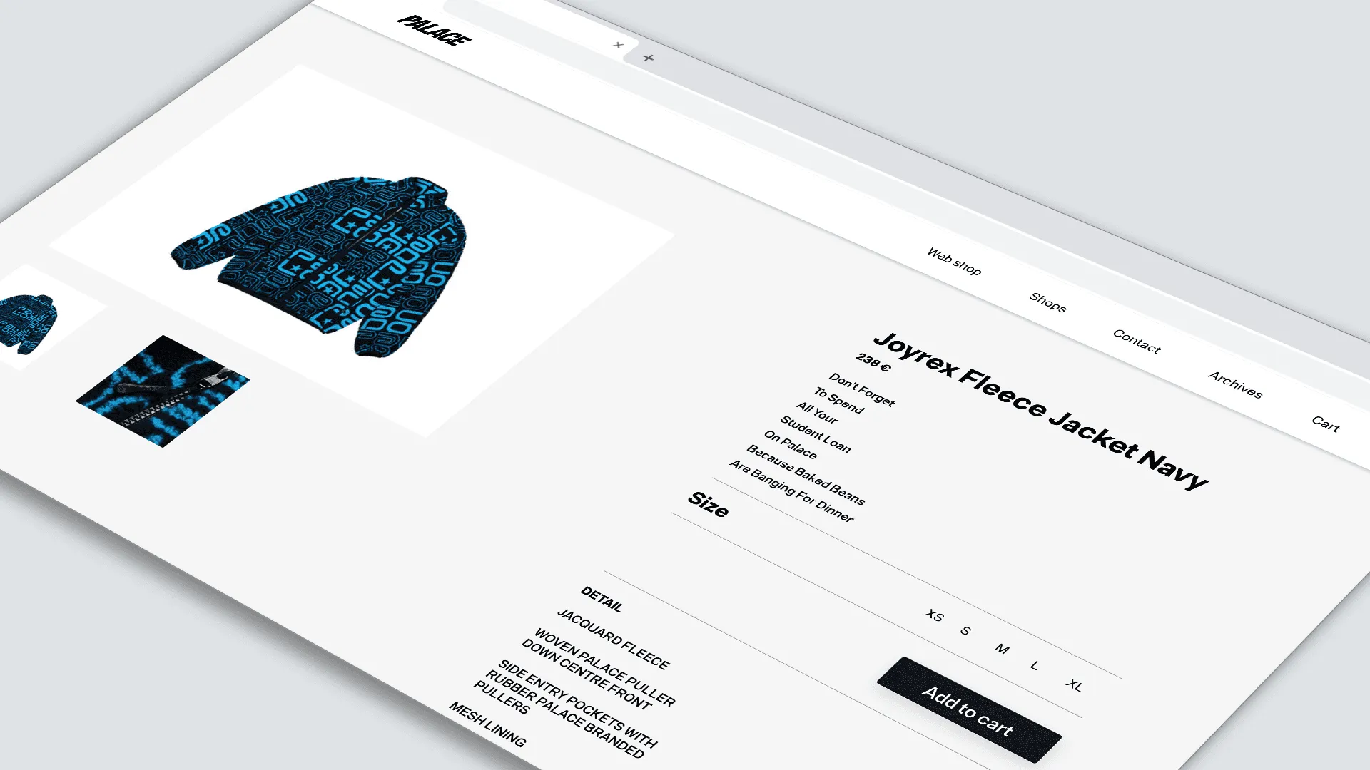 Page produit e-commerce - Joyrex Fleece Jacket bleu, motif bleu, choix tailles et ajout panier