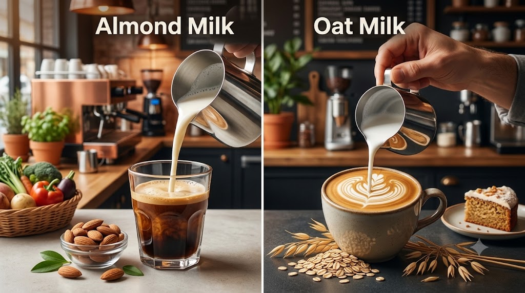 A split-screen realistic coffee shop photo: a barista pouring almond milk into espresso (left), and steaming oat milk for latte art in thick foam (right), labels "Almond Milk" and "Oat Milk".