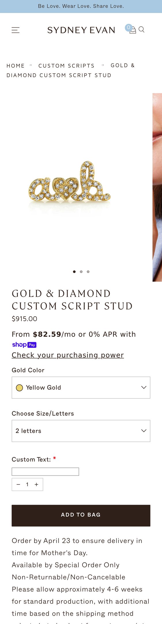 Jewelry product options include: earring for Gold & Diamond Custom Script Stud from Sydney Evan.