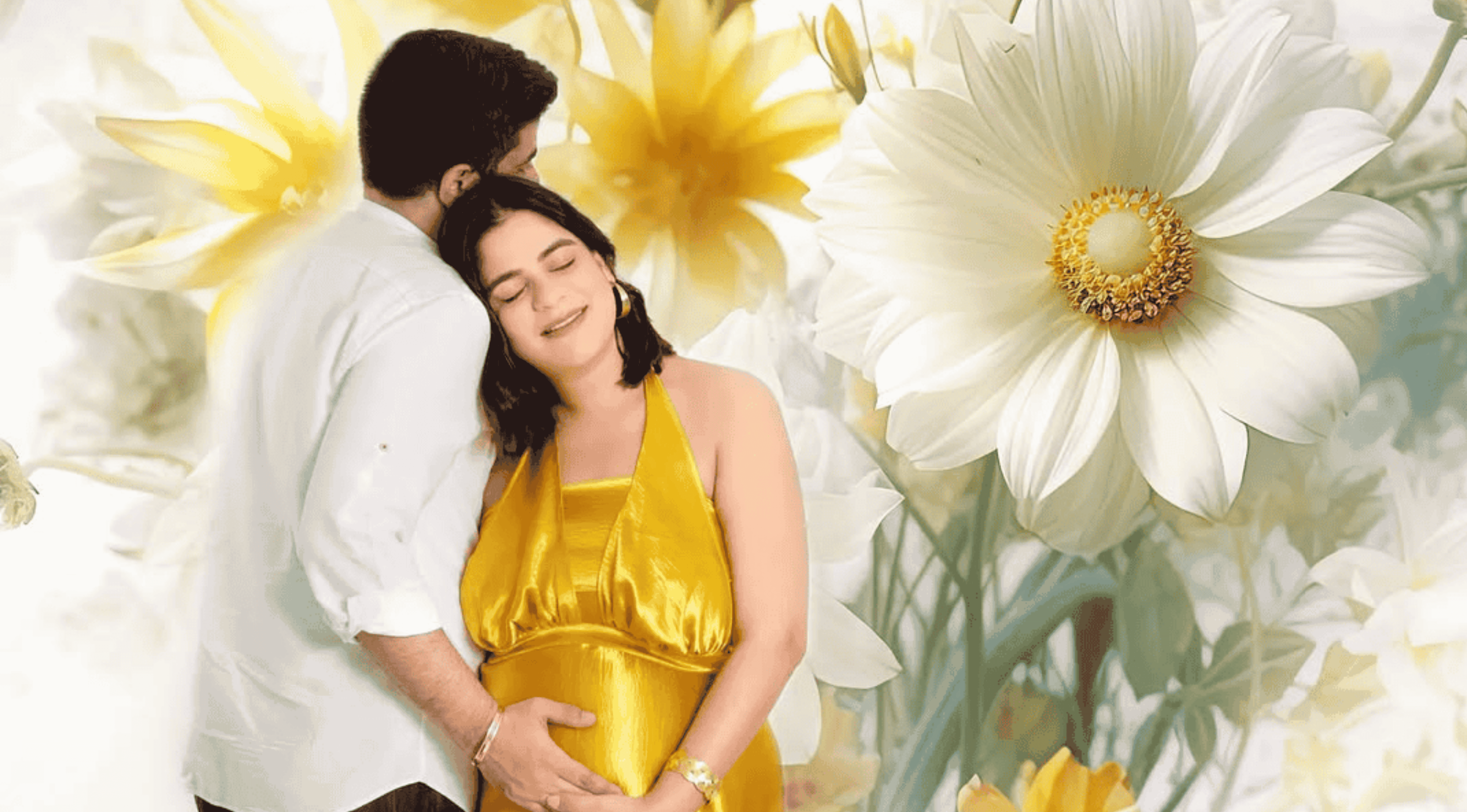A lovely couple posing as part of their family maternity photoshoot at Mahvin Photography in Dubai, with a floral background