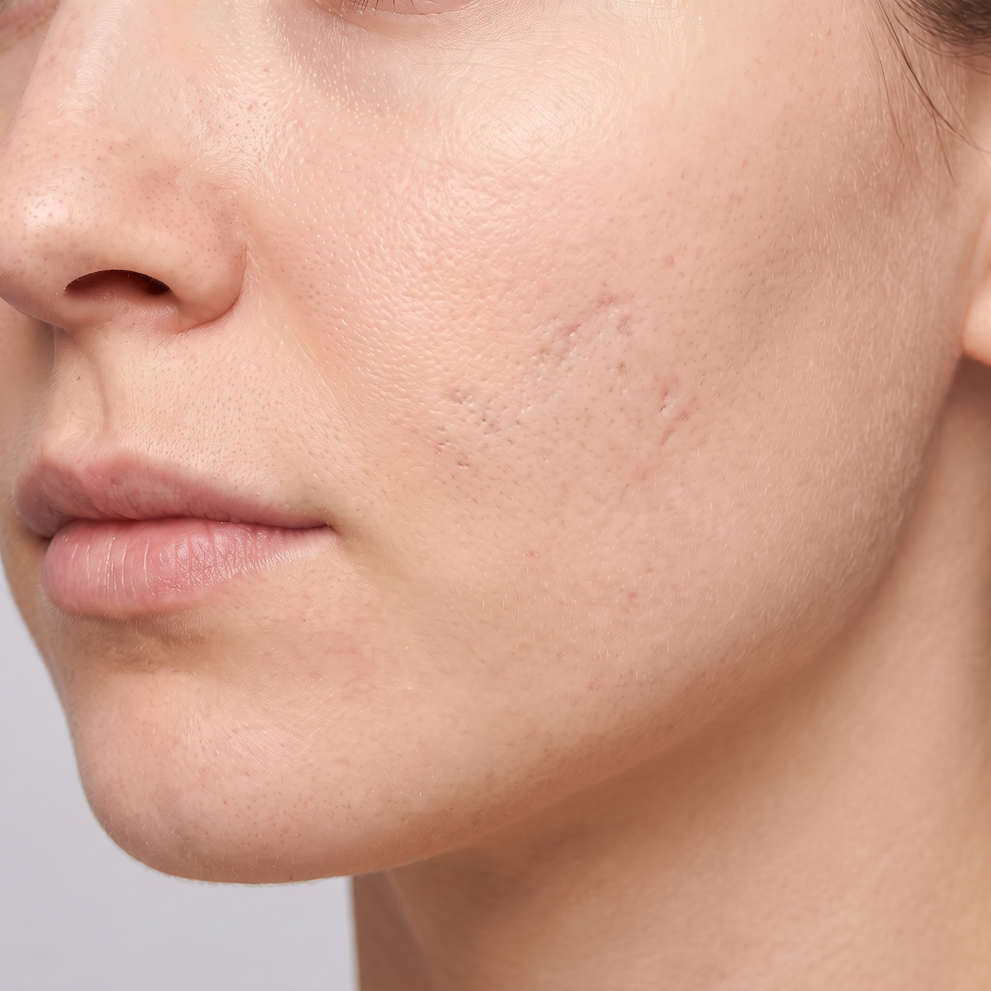 Cheek with acne scarring before treatment