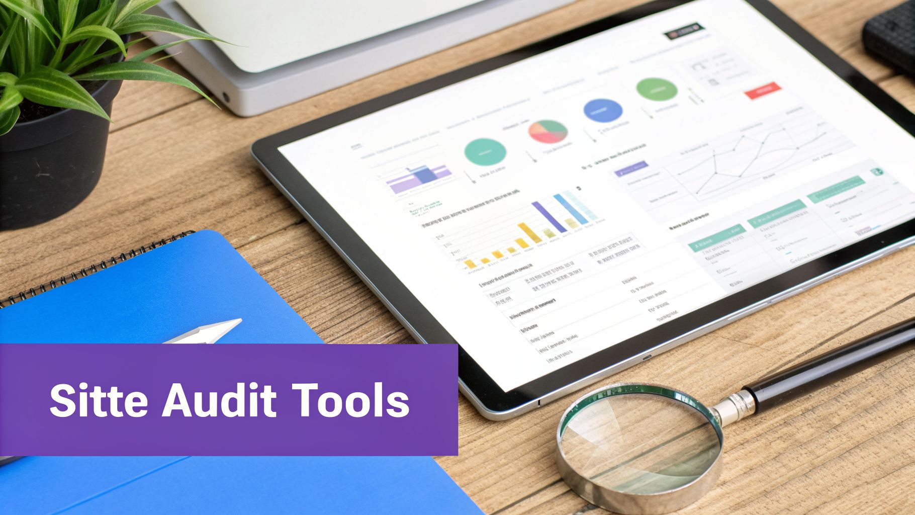 A flat lay of a workspace with a tablet showing audit reports, a notebook, and a magnifying glass, labeled 'Sitte Audit Tools'.