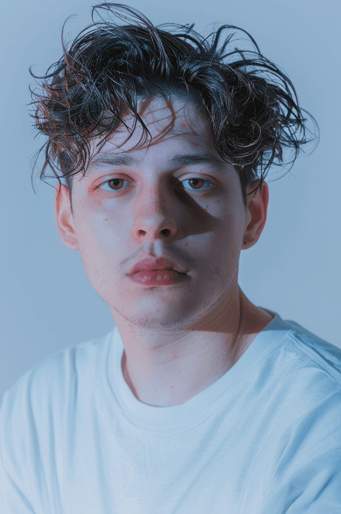 A man with curly hair dressed in a white t-shirt poses for the photo.