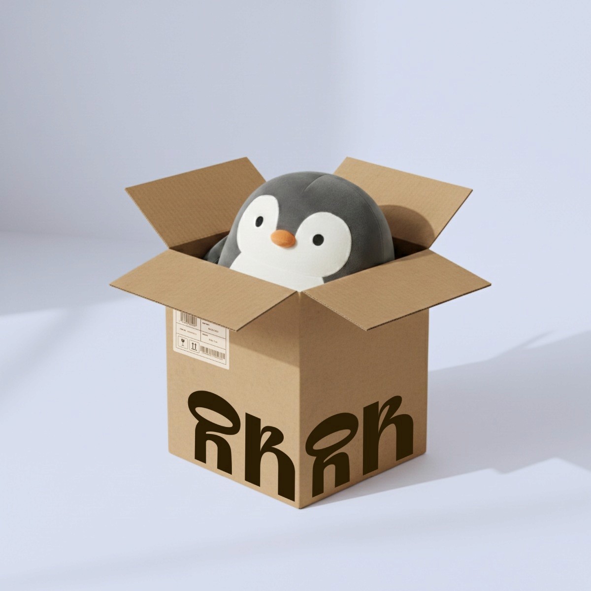 Penguin stuffed toy sticking out of a HK package.