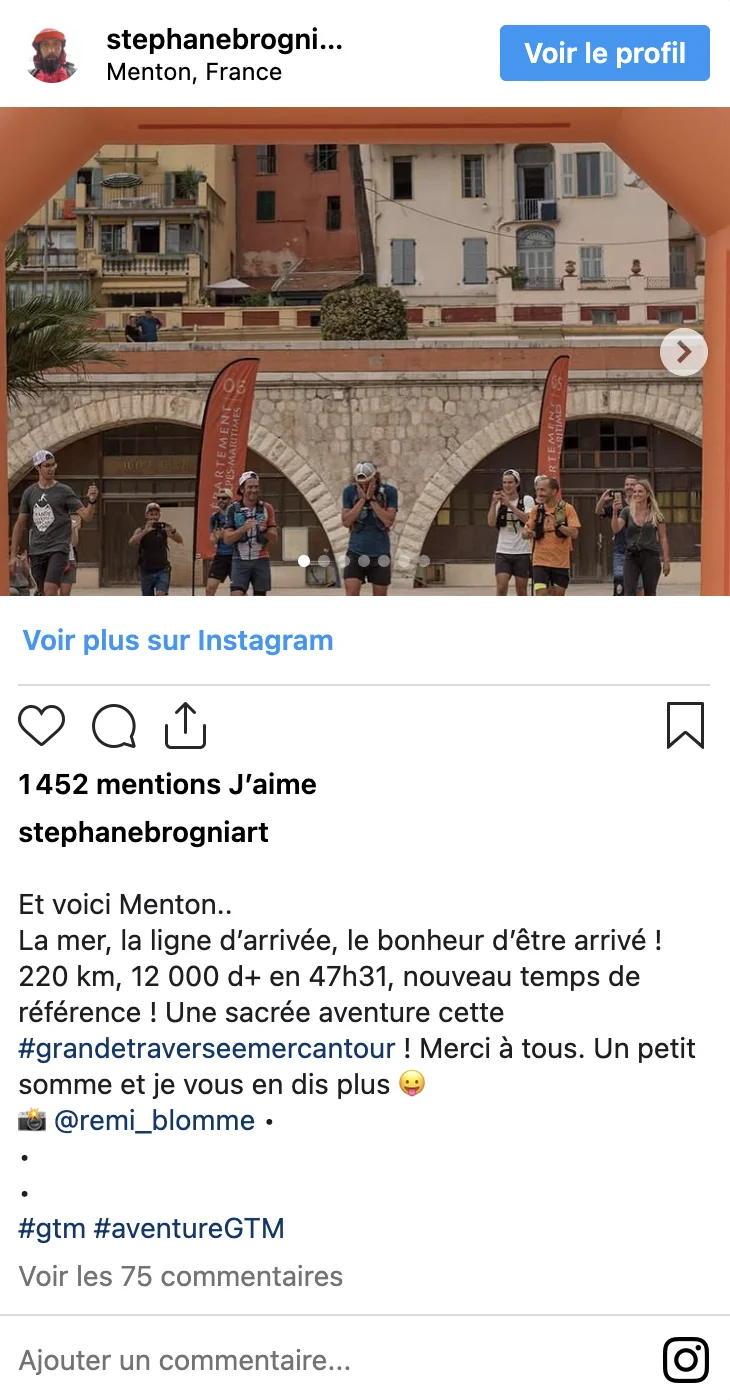 Post arrivée de la course sur Instagram