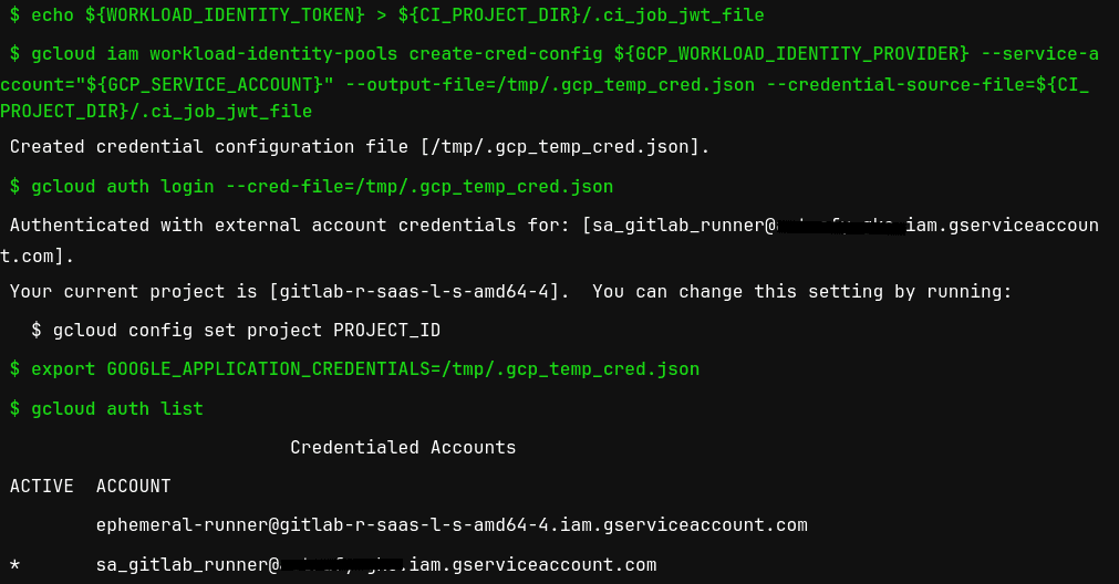 A terminal screenshot showing a series of commands used to authenticate with Google Cloud using workload identity federation from GitLab. It includes setting environment variables, creating credentials with 'gcloud iam', and listing authenticated accounts confirming a service account is active.