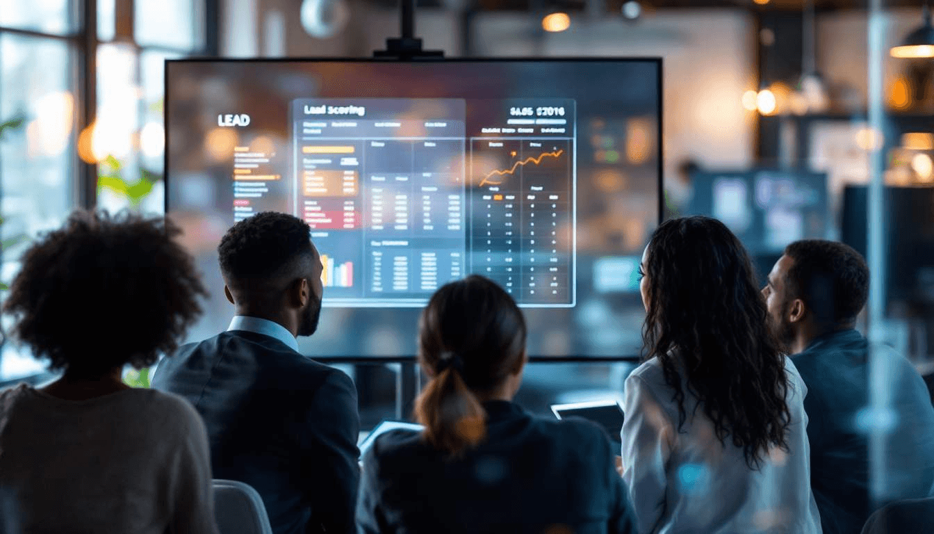 Team members viewing data on screen - Conversational AI Lead Scoring