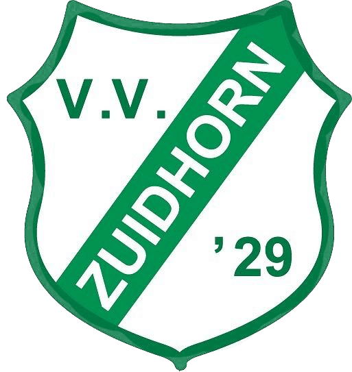 The image features a green and white emblem with the letters "V.V." above a diagonal green stripe containing the word "ZUIDHORN," followed by the number "'29".