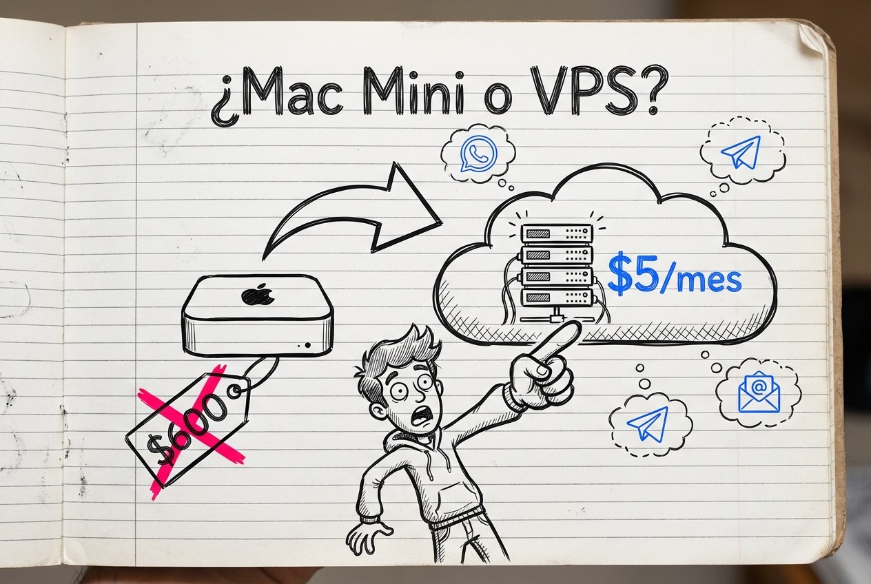 Ilustración estilo doodle de cuaderno comparando Mac Mini ($600 tachado en rojo) contra VPS en la nube ($5/mes en azul), con un emprendedor sorprendido señalando la opción más económica.