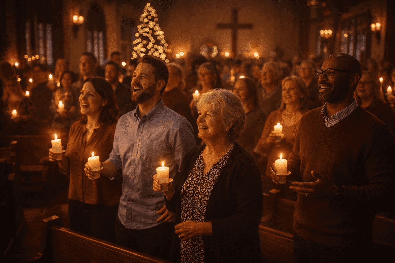 Families worshiping together in church with parents and children standing among wooden pews during service.