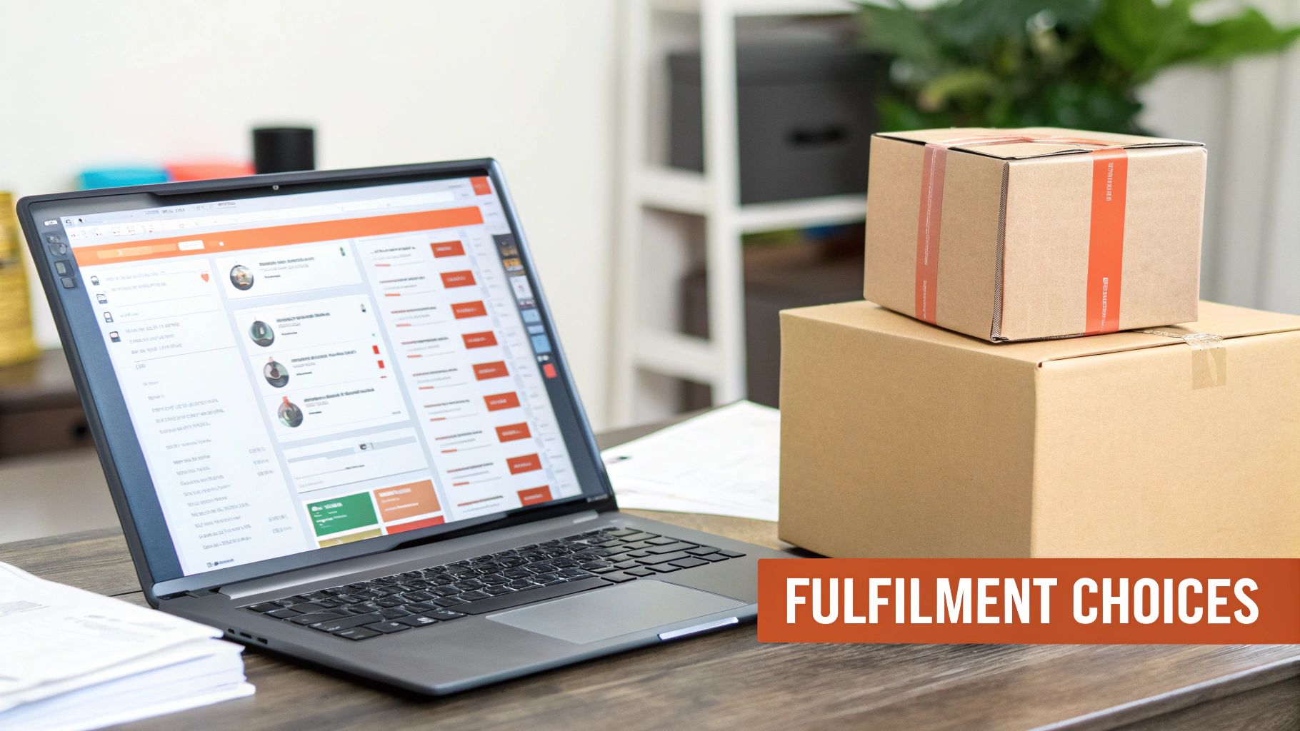A laptop with a logistics dashboard alongside stacked cardboard shipping boxes, illustrating order fulfillment choices.